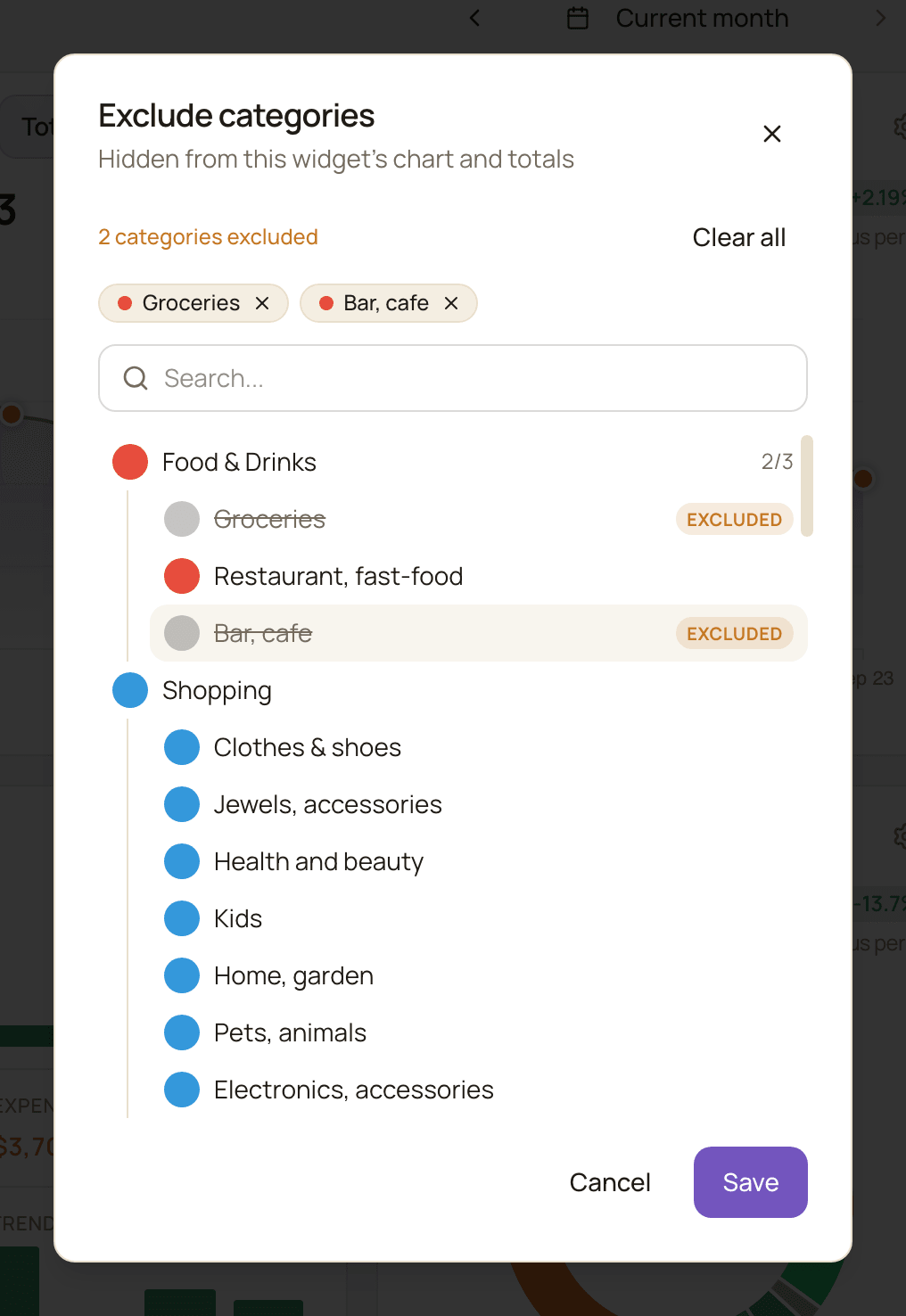The Exclude categories dialog with two categories marked as Excluded.