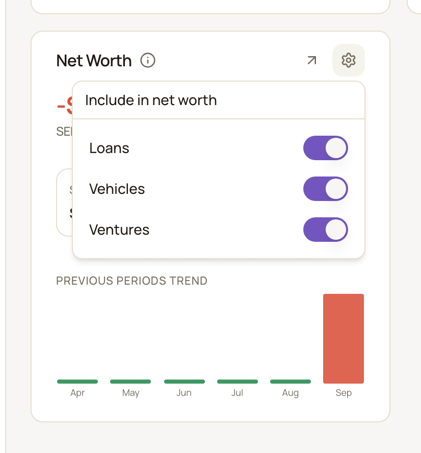 The Net Worth widget with the Include in net worth menu open, showing Loans, Vehicles and Ventures switches.
