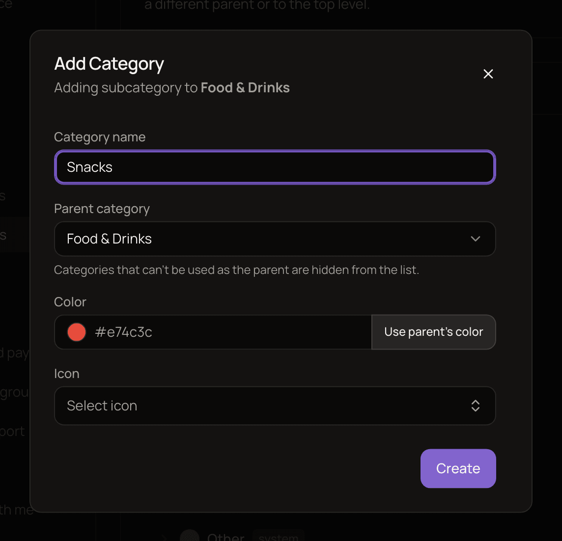 The Add Category window adding a subcategory to Food & Drinks, with the color and icon copied from the parent and the Use parent's color button.