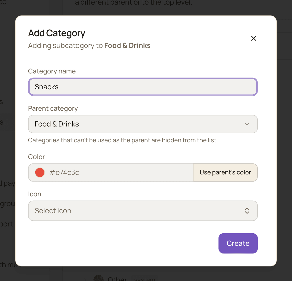 The Add Category window adding a subcategory to Food & Drinks, with the color and icon copied from the parent and the Use parent's color button.