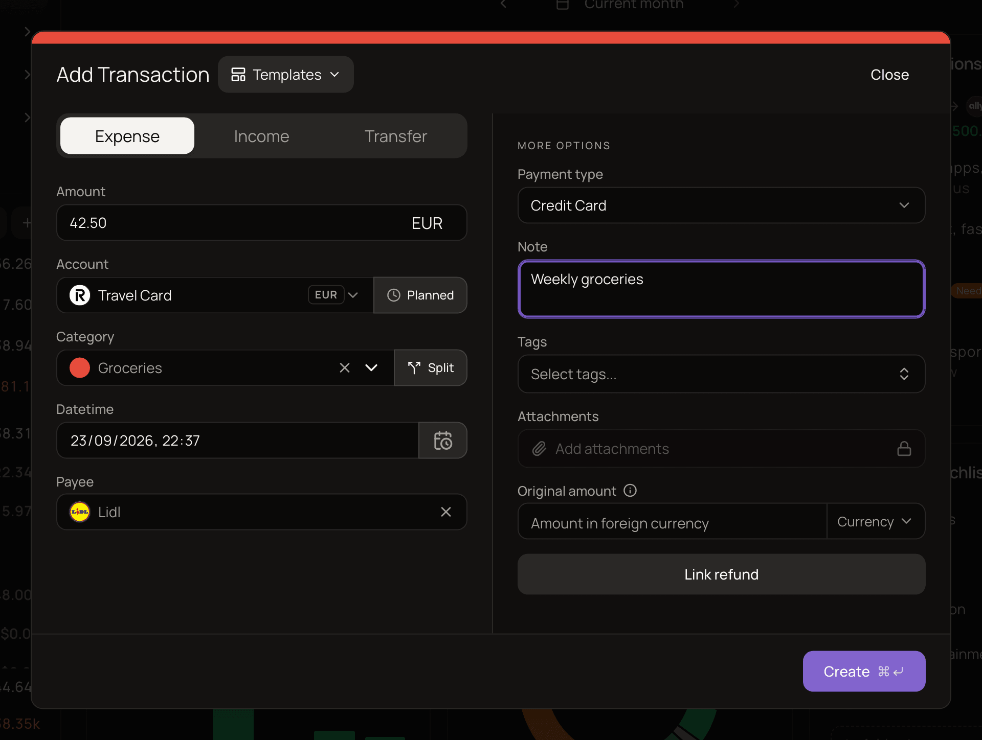 The Add Transaction dialog with the Expense tab selected, an amount of 42.50, category Groceries, payee Lidl and a note filled in, and the More options panel on the right with Attachments greyed out because that feature isn't available in demo mode.