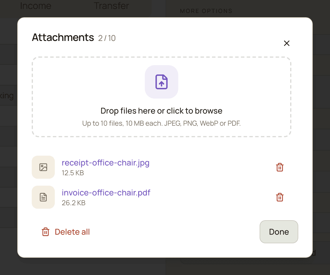 The Attachments window with a receipt photo and a PDF invoice, and a counter showing 2 of 10 files.