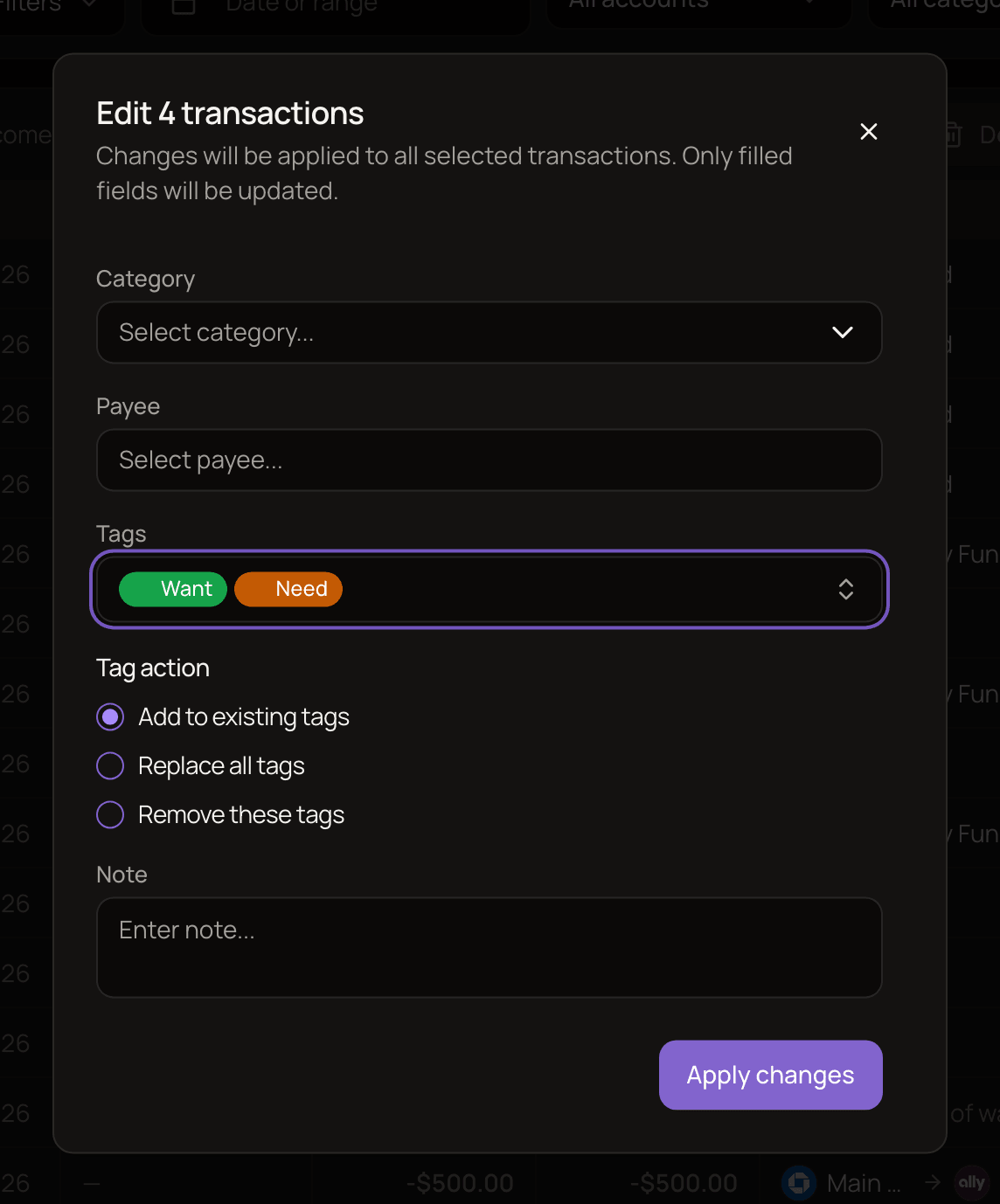 The Edit 4 transactions window with two tags picked and the Tag action options Add to existing tags, Replace all tags and Remove these tags.