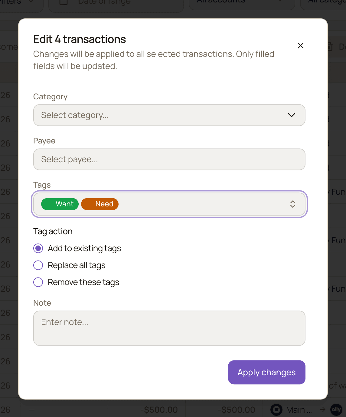 The Edit 4 transactions window with two tags picked and the Tag action options Add to existing tags, Replace all tags and Remove these tags.