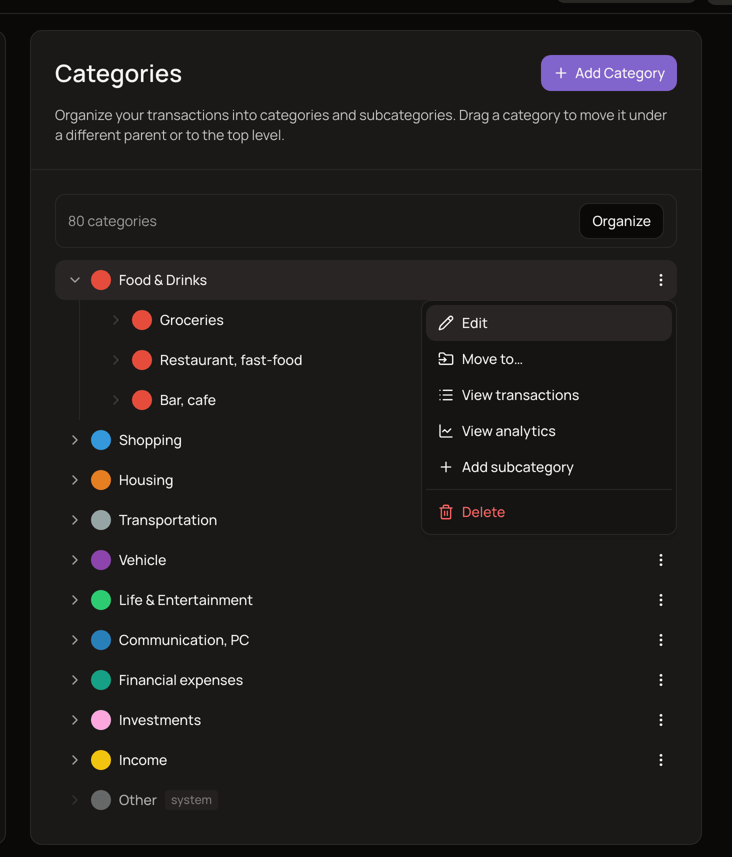 The Categories settings page with Food & Drinks expanded to show its subcategories, the menu of one category open, and the Other category marked as system.