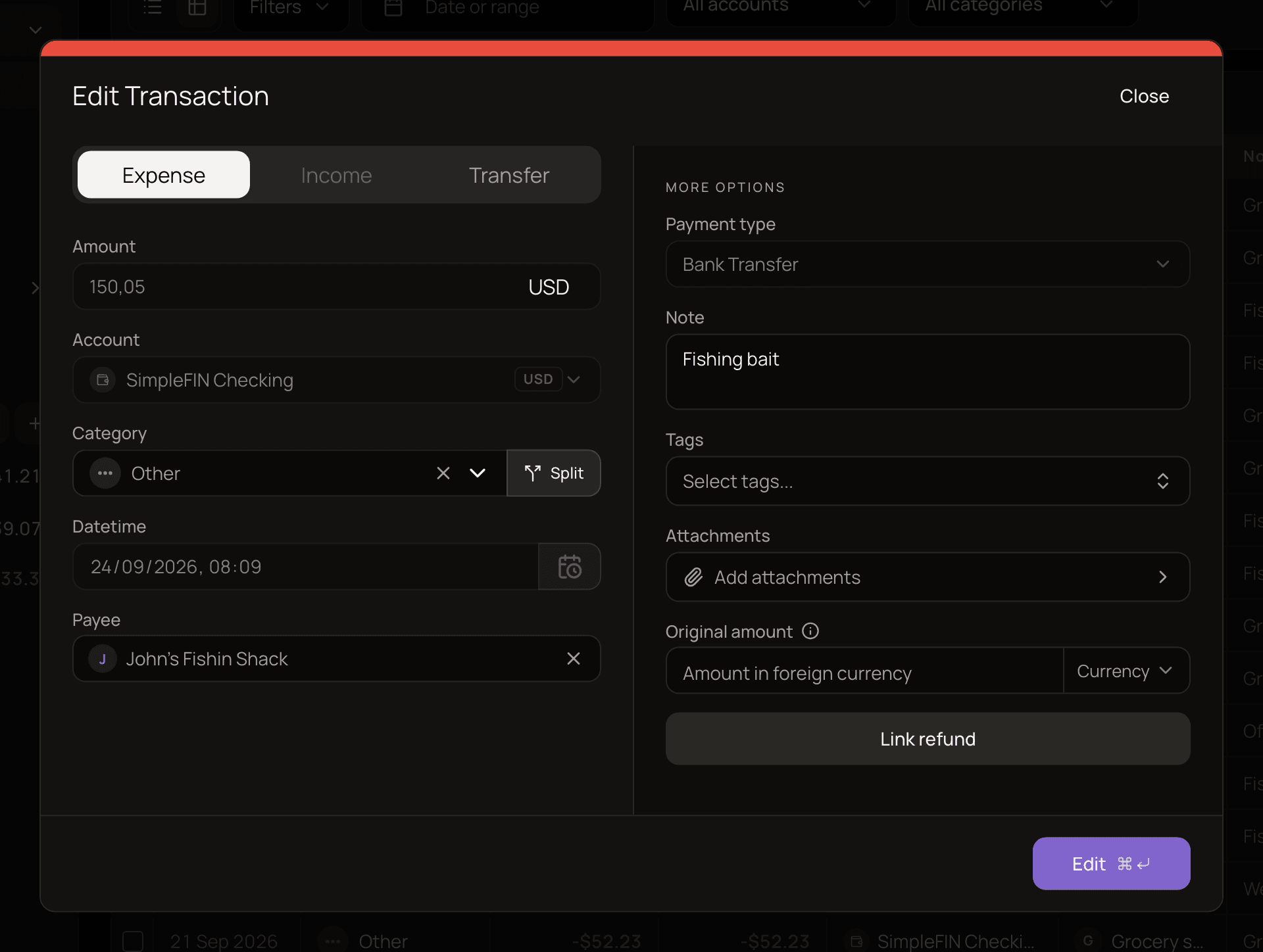 The Edit Transaction dialog for a bank-synced expense, with Amount, Account, Datetime and Payment type greyed out and no Delete button.