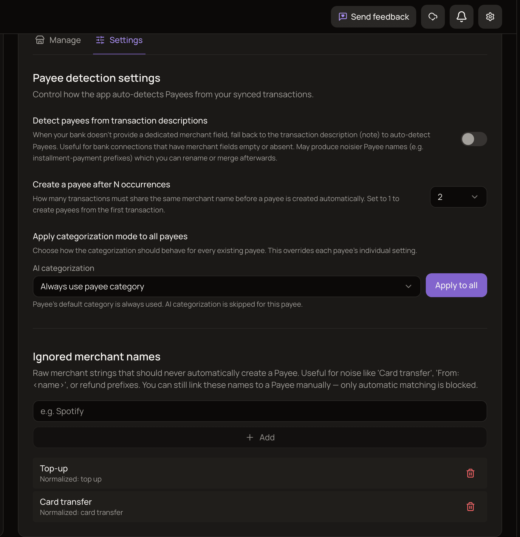 The Settings tab of the Payees page with the description detection toggle, the occurrence threshold, the bulk categorization mode and the ignored merchant names list.