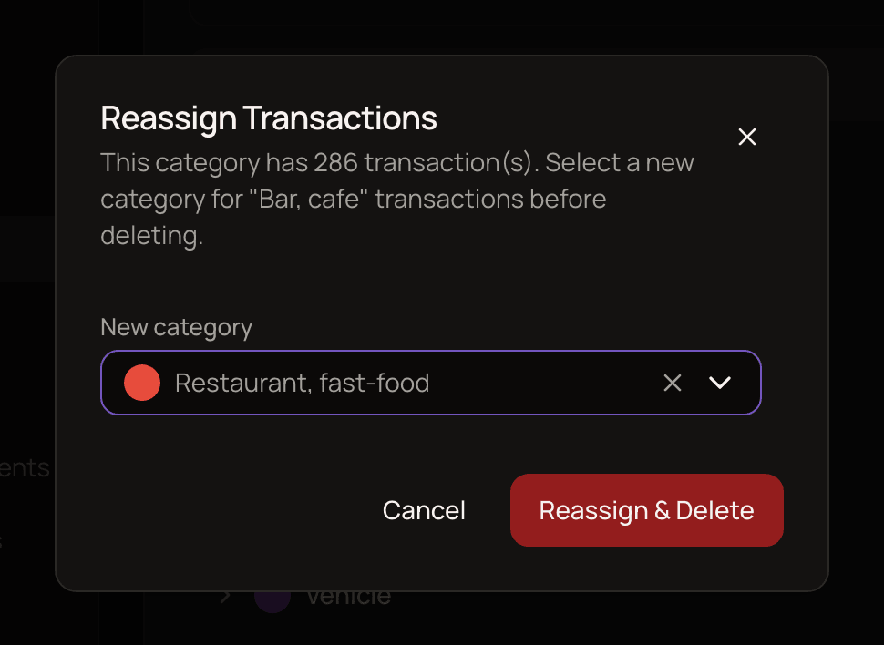 The Reassign Transactions window asking for a new category before deleting a category that has transactions.