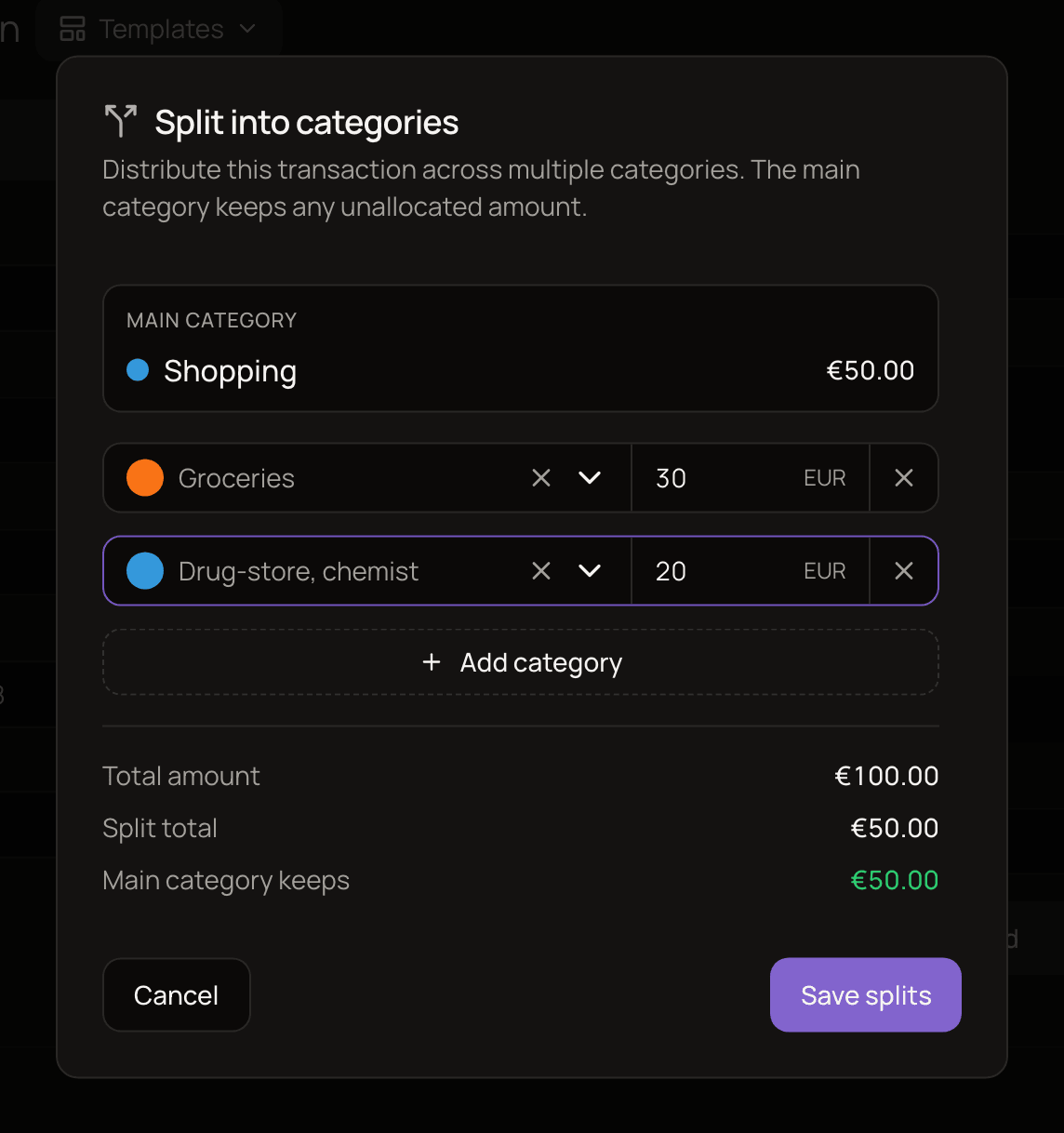 The Split into categories window for a 100.00 expense, with Groceries 30 and Drug-store, chemist 20 split off and the main category keeping 50.00.
