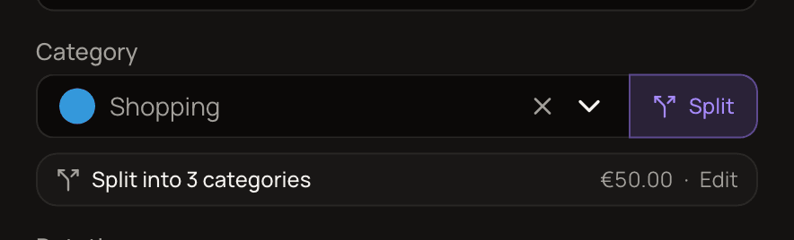The transaction form after splitting, with the Split into 3 categories button and the split total under the Category field.