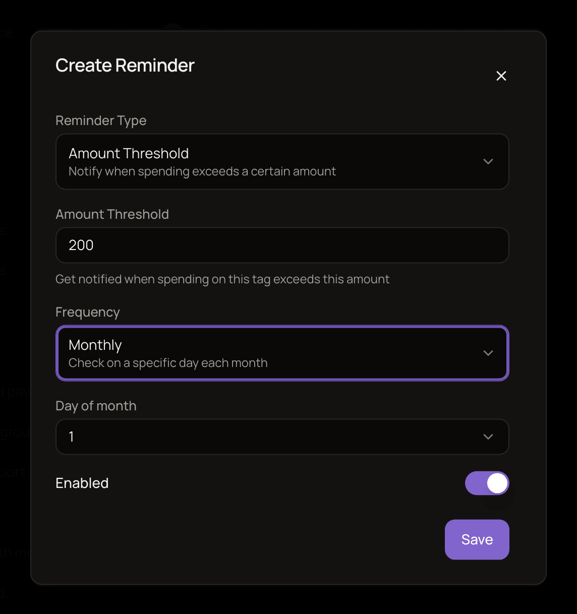 The Create Reminder form with Amount Threshold selected, a threshold of 200, Monthly frequency and day 1 of the month.