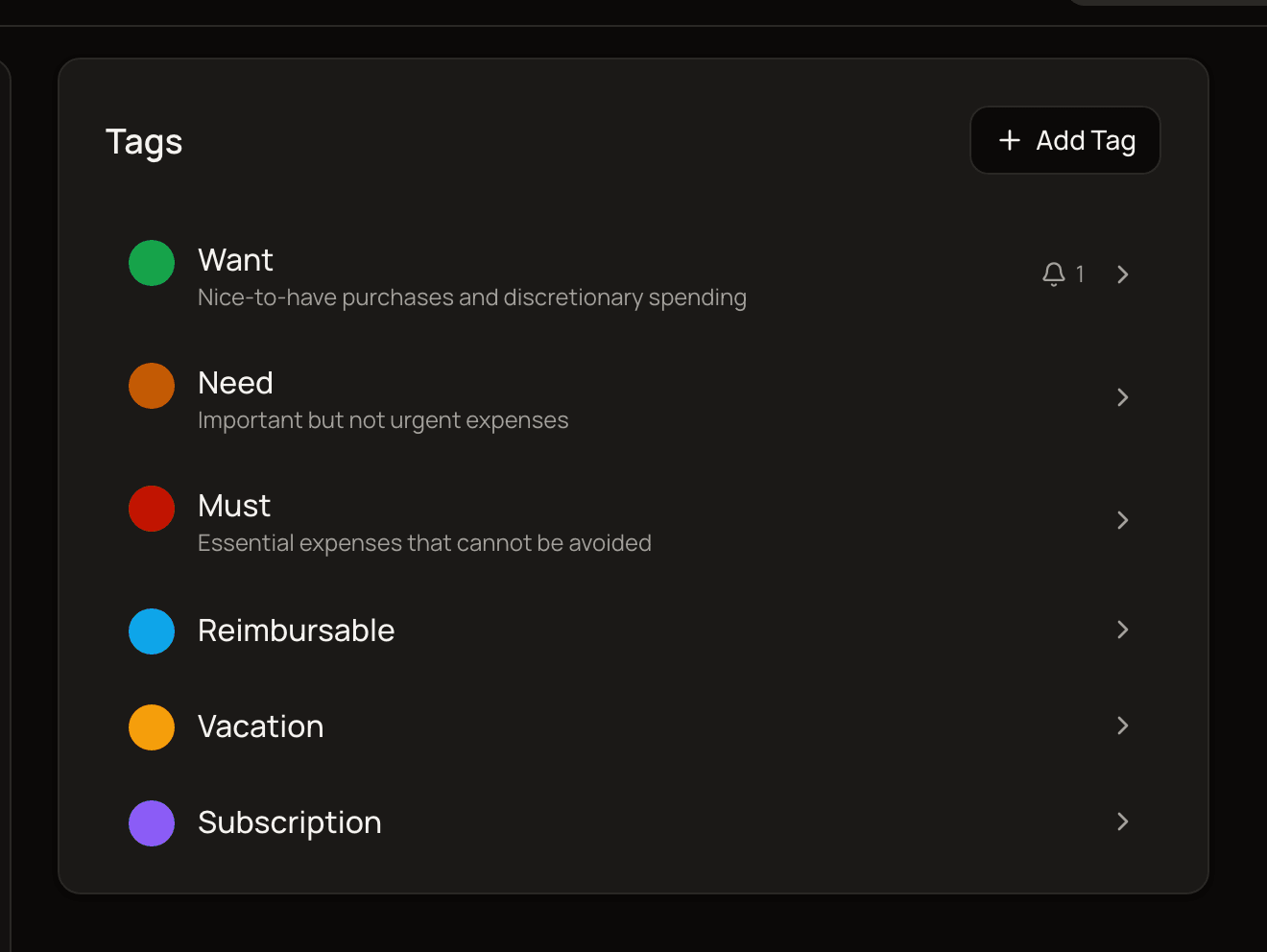 The Tags settings page listing Want, Need and Must, with one tag showing a bell icon and a reminder count.