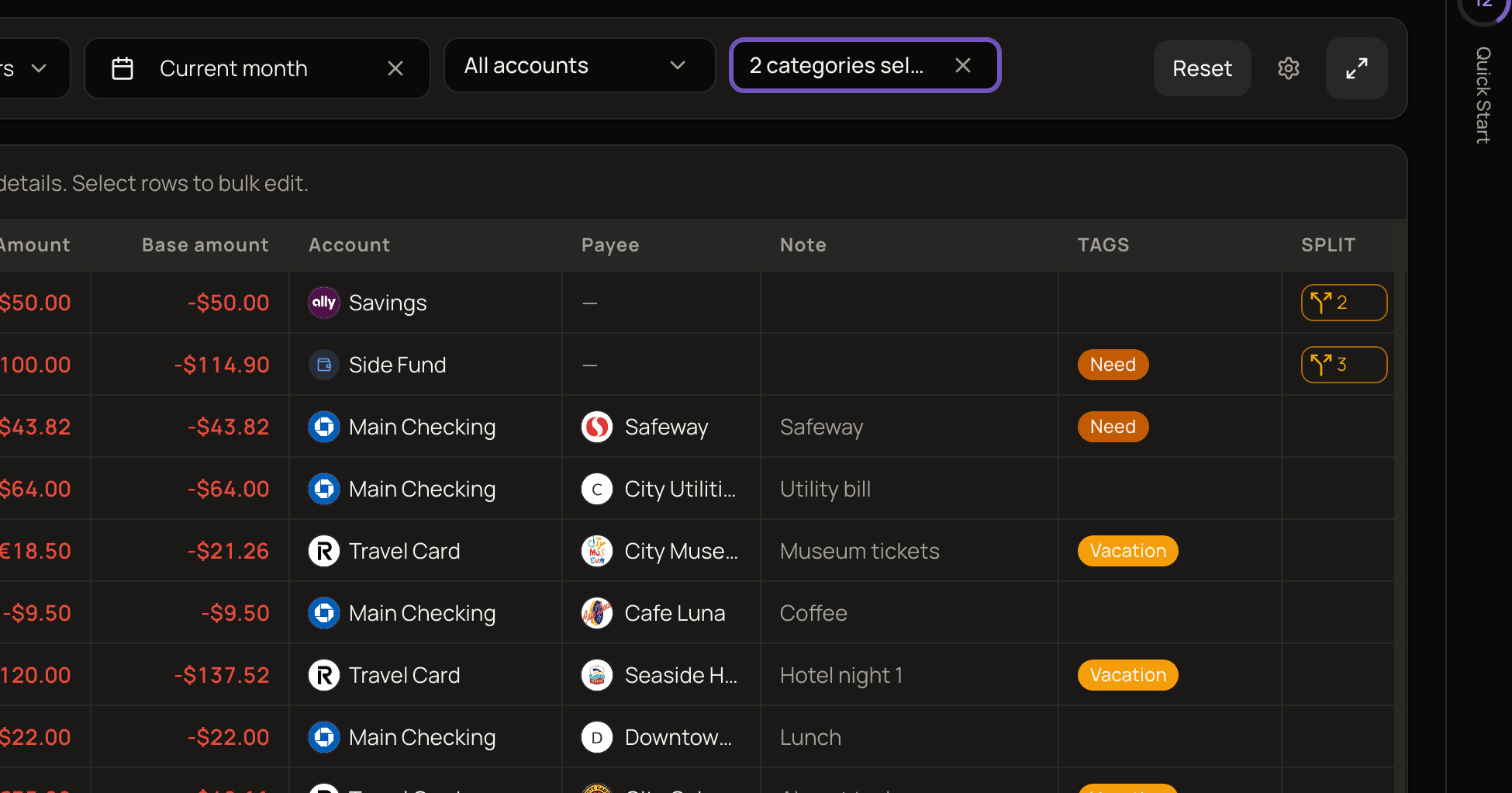 The All Transactions page in table view, with the date filter set to This month, one category filter active, and rows showing split and tag details.