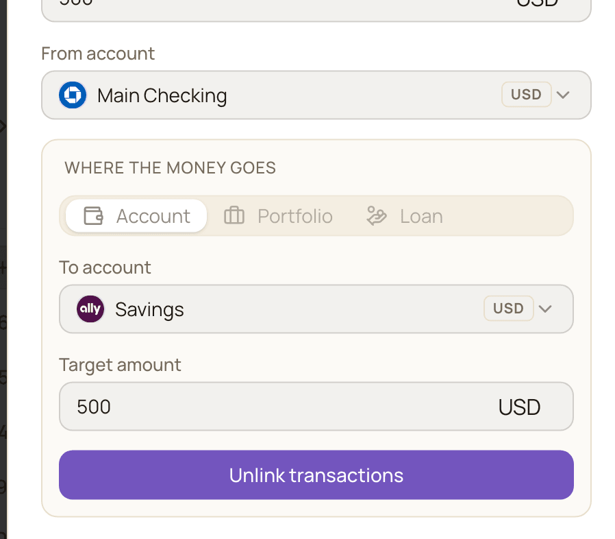 The Edit Transaction dialog for a transfer from Main Checking to Savings, with the Unlink transactions button inside the Where the money goes panel.