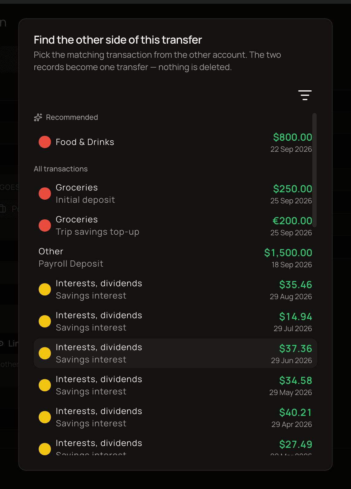 The Find the other side of this transfer dialog, with a Recommended section containing one matching income and an All transactions section below it.
