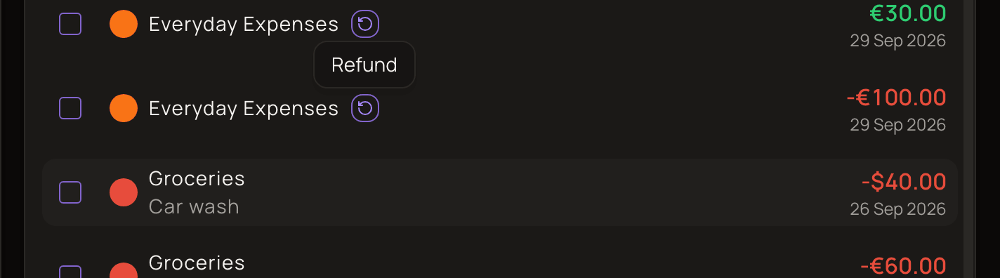 Two rows in the transaction list (list view), a 100 EUR purchase and its 30 EUR refund, each with the circular-arrow refund icon, and the Refund tooltip showing on one of them.