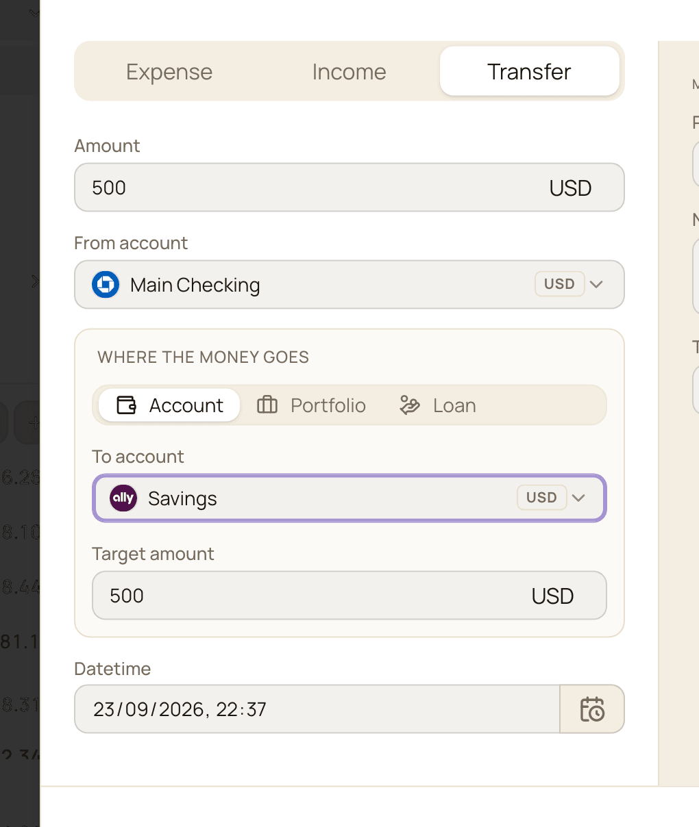 The Add Transaction dialog on the Transfer tab, with Amount 500, From account Main Checking, and the Where the money goes panel set to Account, To account Savings and Target amount 500.