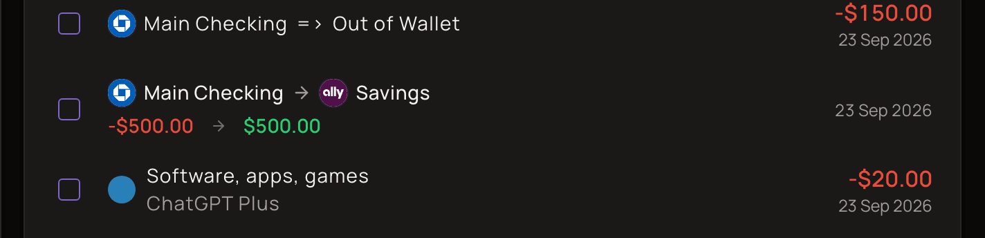 Two rows in the transaction list (list view): a transfer from Main Checking to Out of Wallet, and a transfer from Main Checking to Savings with its two amounts.