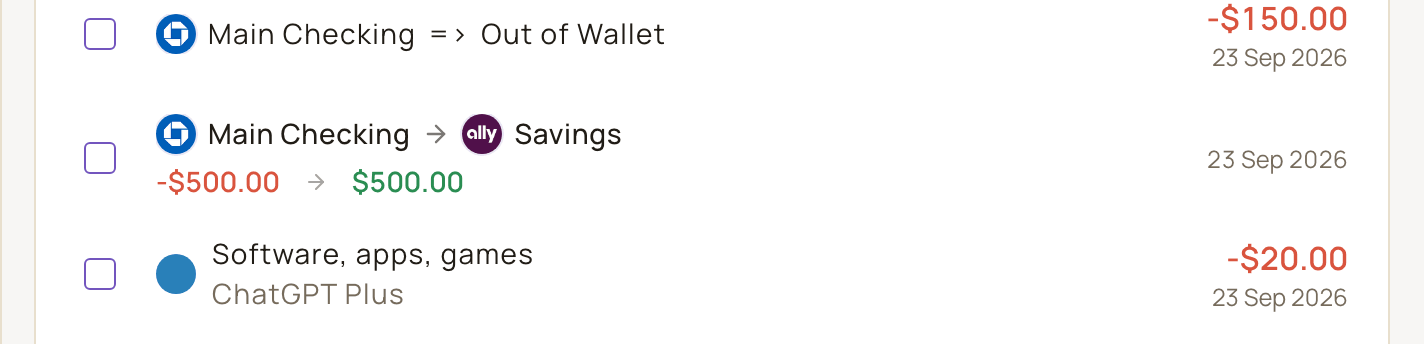 Two rows in the transaction list (list view): a transfer from Main Checking to Out of Wallet, and a transfer from Main Checking to Savings with its two amounts.